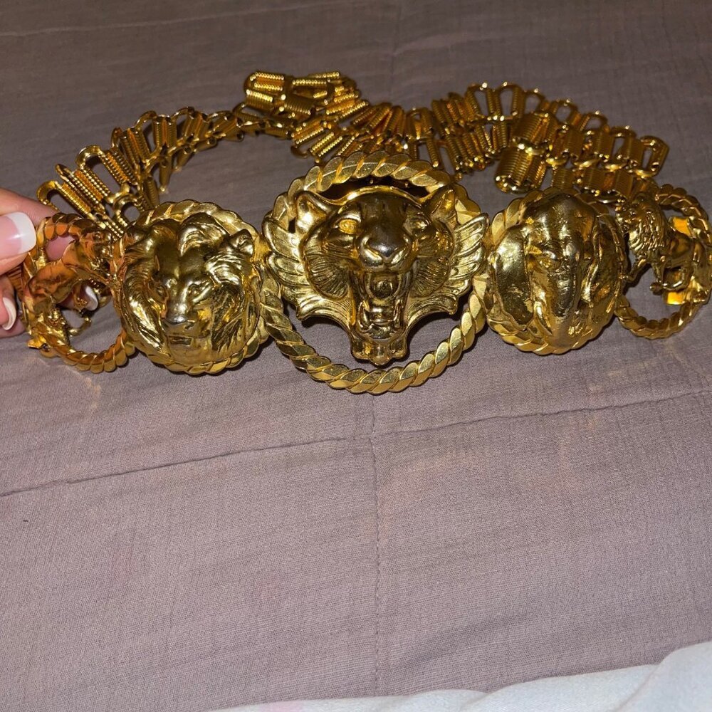 Vintage Womens Chain Belt One Size Metal Tiger Lion Elephant Head Waist Hip Rare - Picture 10 of 16
